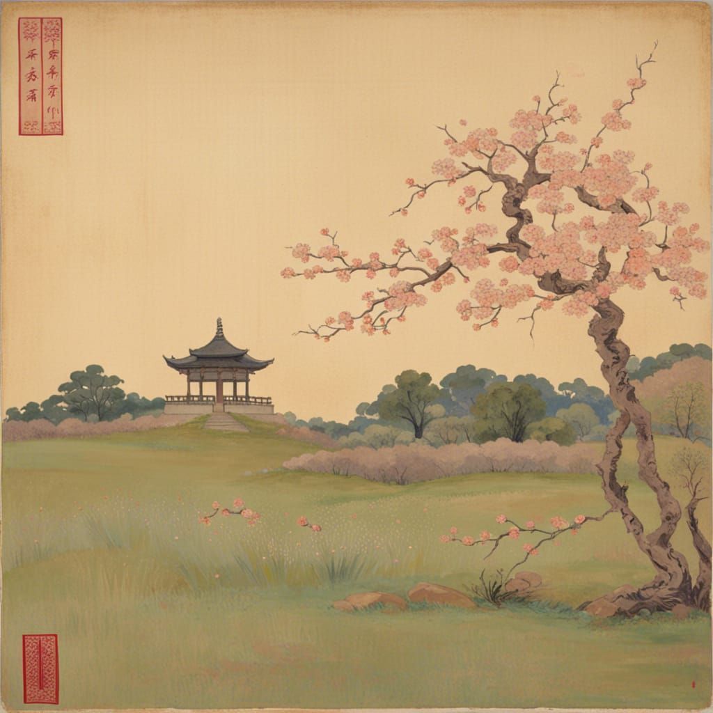 Blossom Tree and Temple in Meadow Landscape