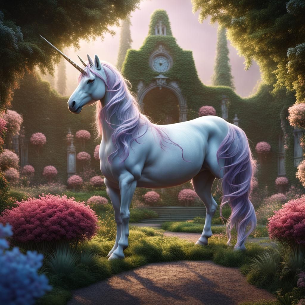 Unicorn in Garden: Detailed Fantasy Art