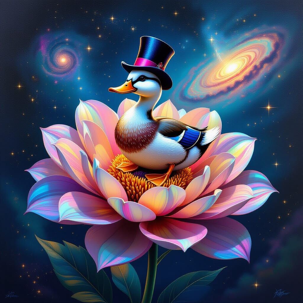 Duck in Top Hat on Nebula Flower in Deep Space
