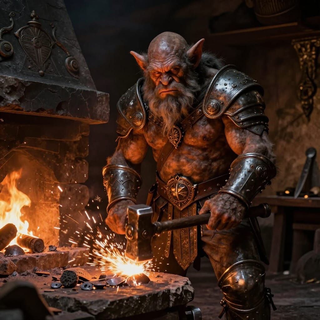 Troll Warrior Forging Weapon in Baroque Cavern