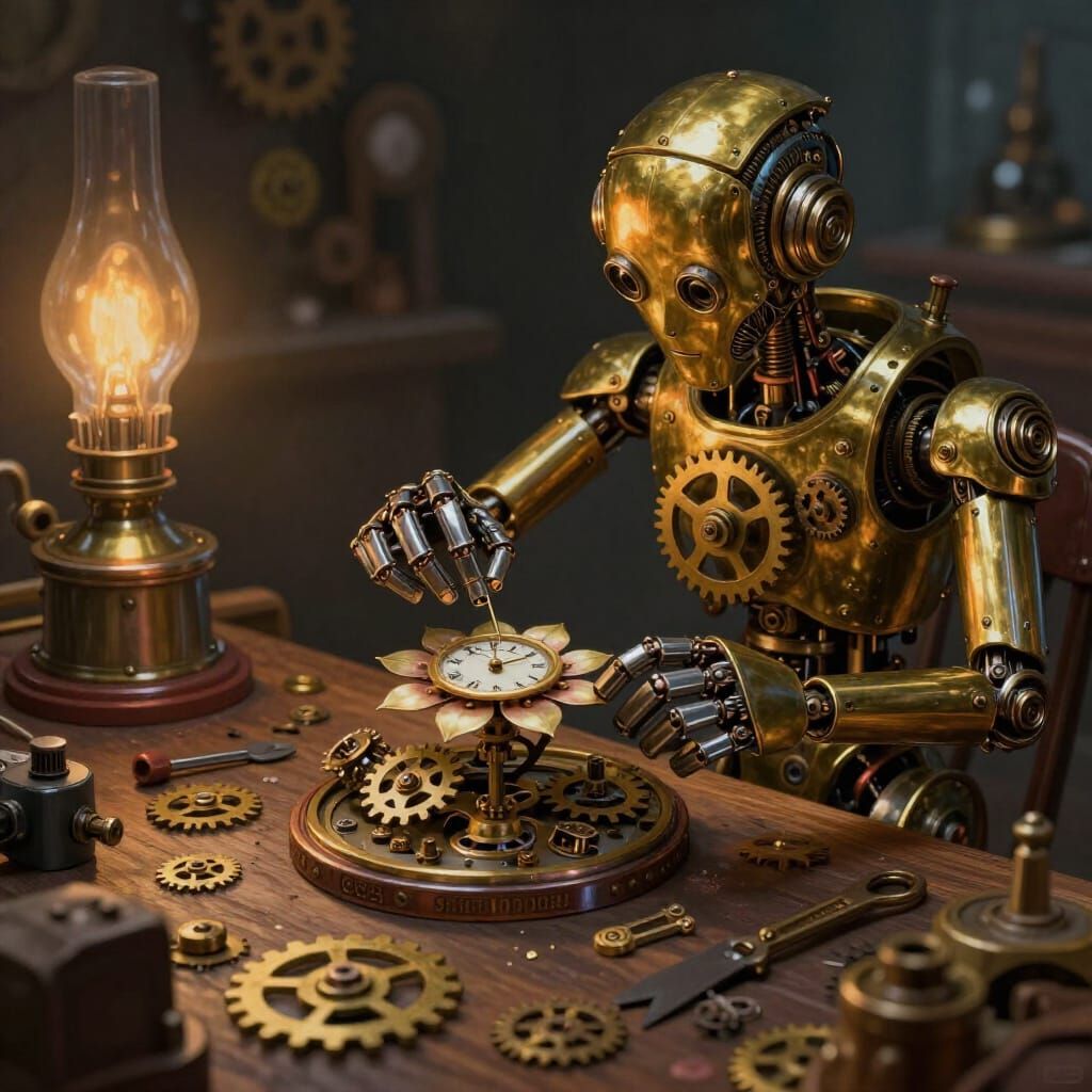 A whimsical steampunk automaton meticulously assembling a delicate clockwork flower. Gears and springs are scattered acr...