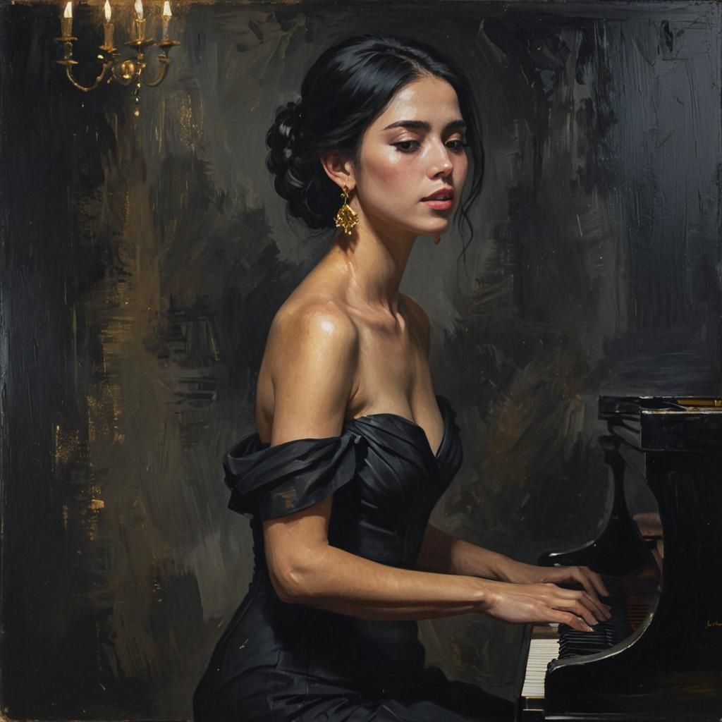 Impressionist Oil Painting of Woman Playing Piano