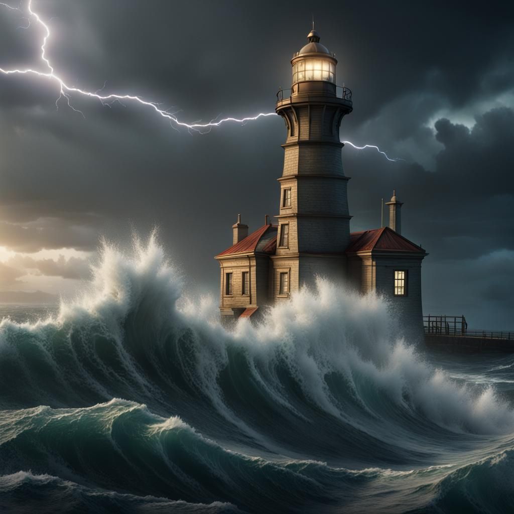 Stormy Seas: Lighthouse Under Attack, Digital Art