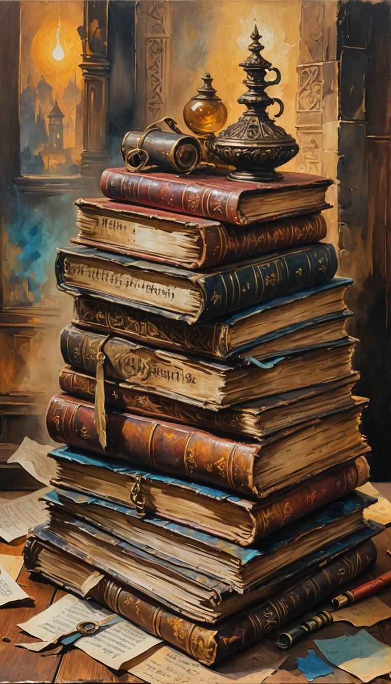 Ancient Manuscripts Oil Painting with Baroque Details