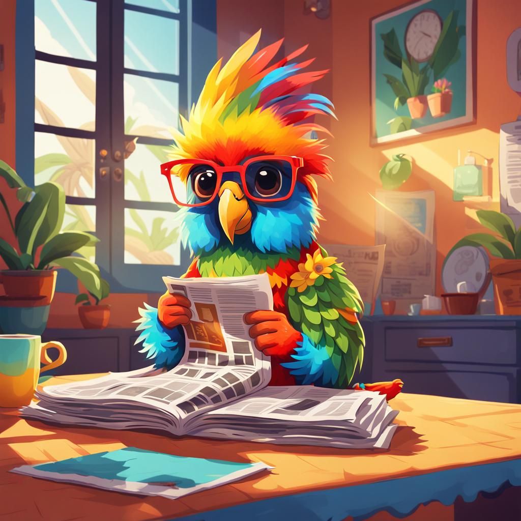 ""Fluorescent art - colorful cartoon fluffy super cute happy parrot cockatoo Chibi (correct anatomy) Yautja with rasta h...