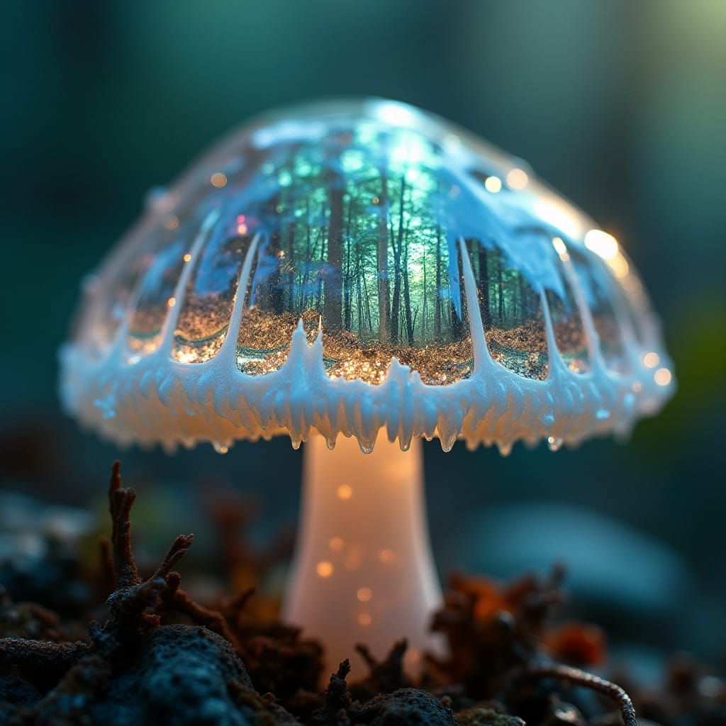 Hyperrealistic Crystal Mushroom Refracting Dreamlike Forest....