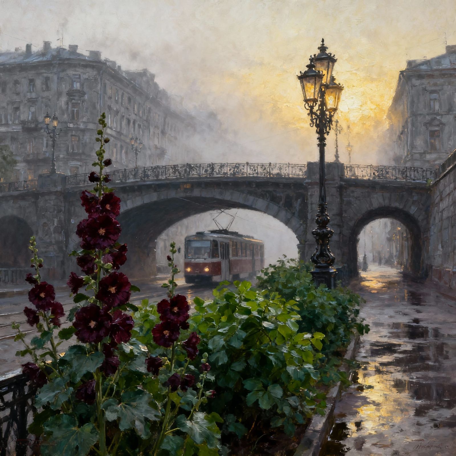 Morning Fog Over Vintage City Bridge with Mallows