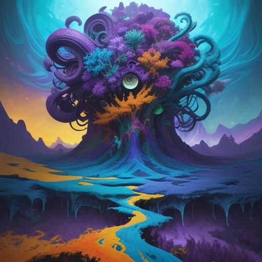 Psychedelic Dreamscape with Melting Trees and Swirling Cloud...