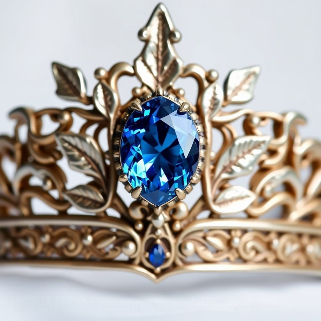 Ornate Elven Crown with Sapphire and Silvery Leaves