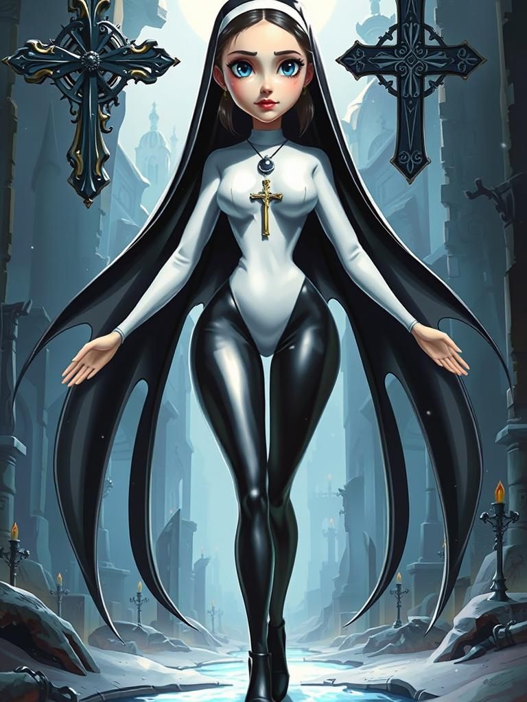 Whimsical Nun in Cemetery: Anime-Inspired Digital Art