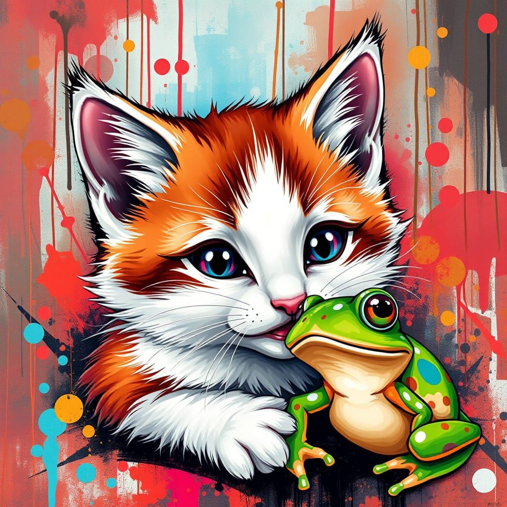 Vibrant Anime Kitten Encounters Colorful Frog in Whimsical S...