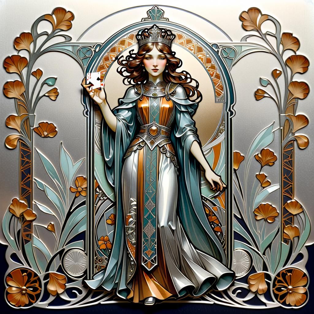 Art Nouveau Girl King on Playing Card