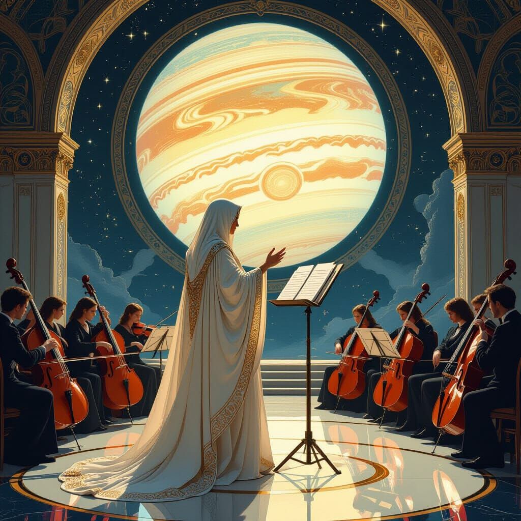 Celestial Musician's Saturn Symphony in Art Nouveau Style