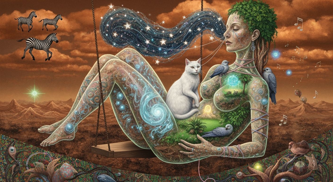 Ethereal Woman with Cat Amidst Cosmic Plasma Portals