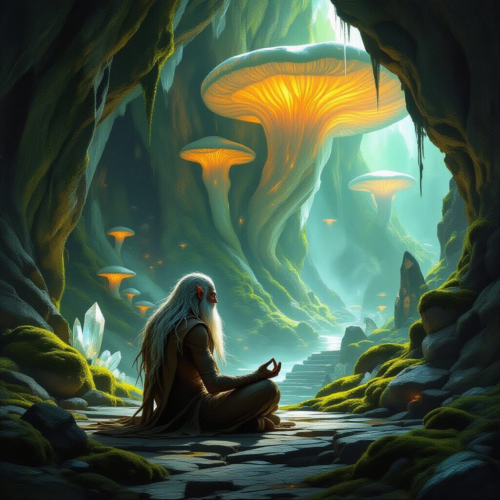 Ancient Elf Meditates in Bioluminescent Cavern