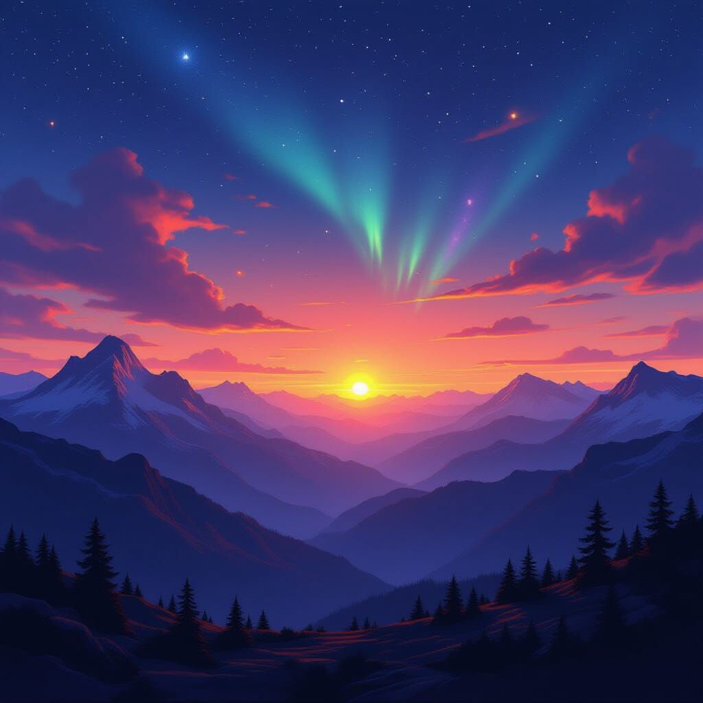 Mountain Range at Sunset and Night, Digital Painting