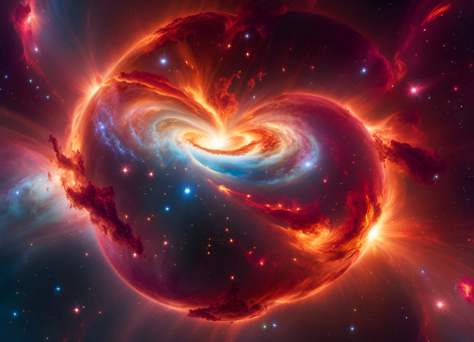 Hyperrealistic Galaxy Collision Inside a Fire Nebula