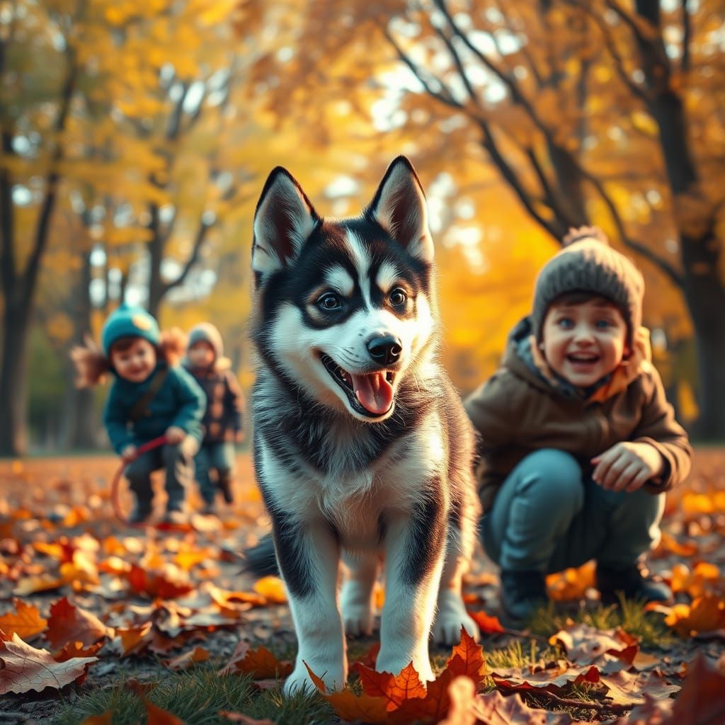 Husky Puppy's Joyful Autumn Day: Hyperrealistic Splash Art