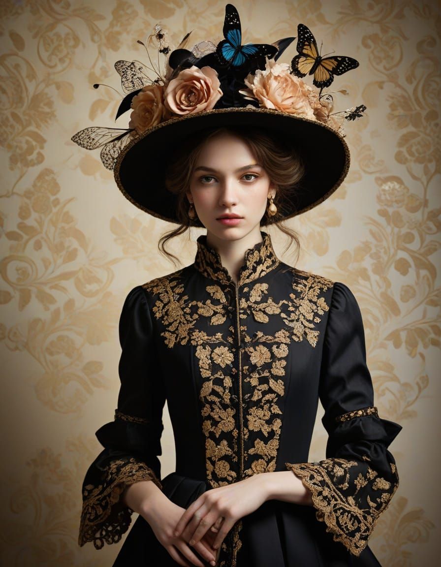 Baroque Woman with Butterflies in Rembrandt Style