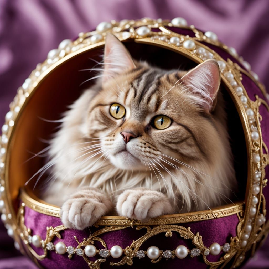 Siberian Cat Nap in Jeweled Faberge Egg