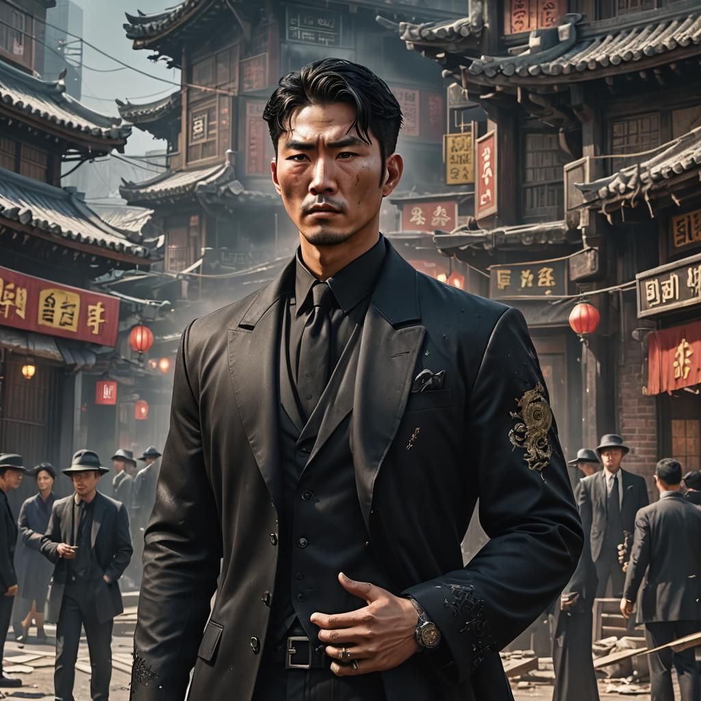 Worried Korean Man in Mafia Outfit: Detailed Digital Paintin...