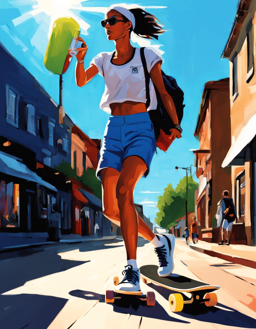 Woman on Skateboard with iPhone in Nagel-Style Splash Art