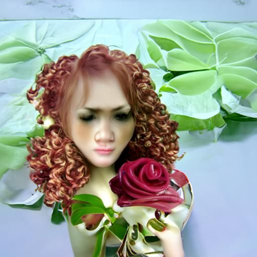 Solitary Redhead in Golden Dress with Flowers