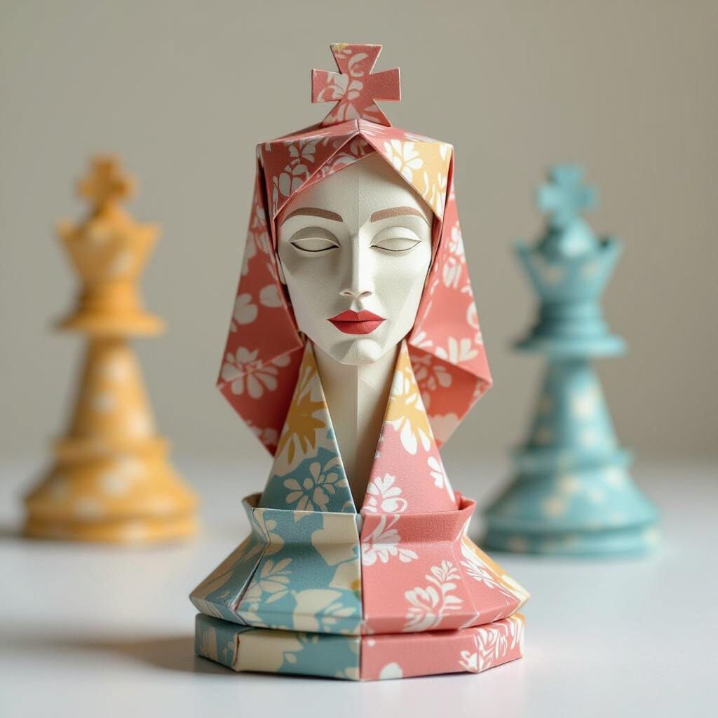 Origami Chess Piece with Human Face in Papercraft Style