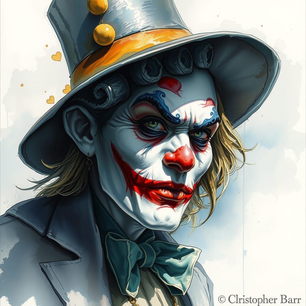 Surreal Pierrot Figure in Watercolor with Decaying Hat