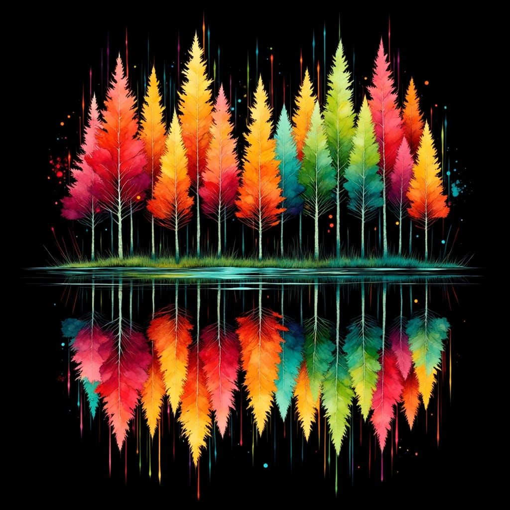 Colorful Forest Reflection in Digital Illustration Style