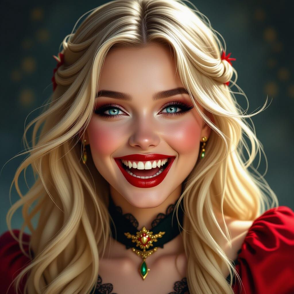 Vampire Woman Laughs, Revealing Fangs, Cinematic Lighting