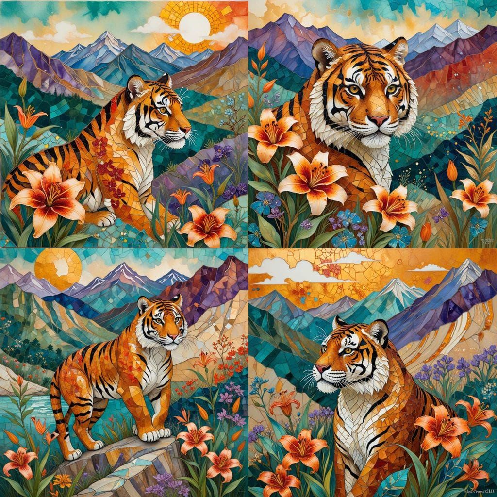 Whimsical Tiger Landscape in Vibrant Kintsugi Mosaic Style