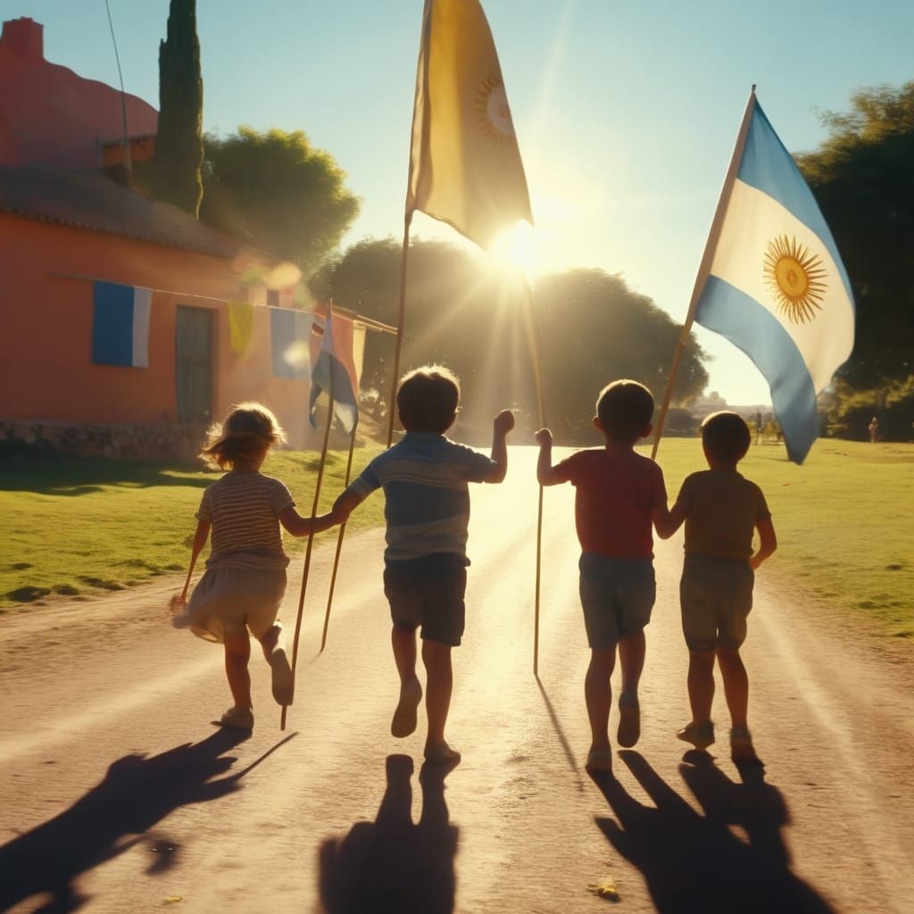 Children Playing with Flags in Argentina: Oil Painting
