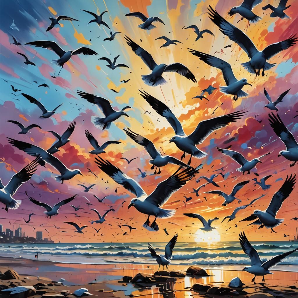 Seagulls at Beach Sunrise in Graffiti Art Style