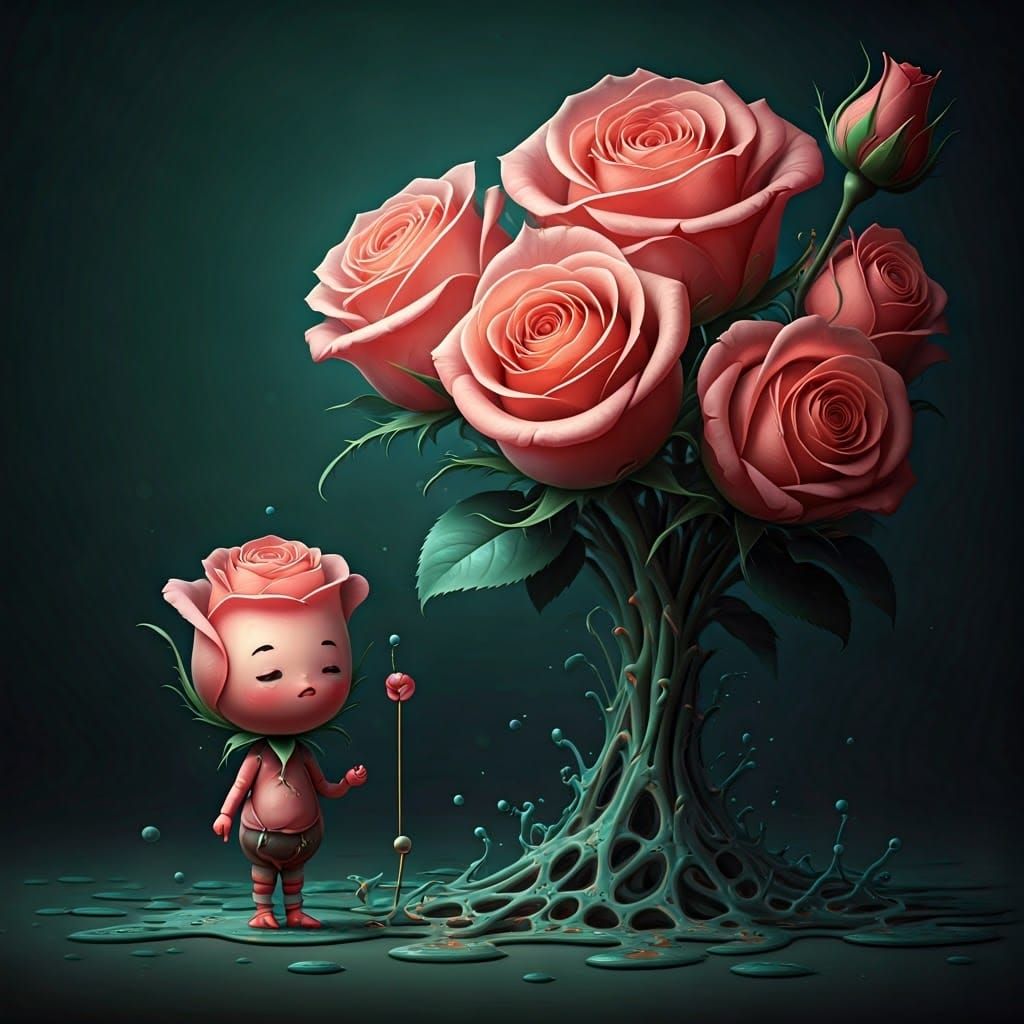 Surreal Rose with Face Beside Rosebush