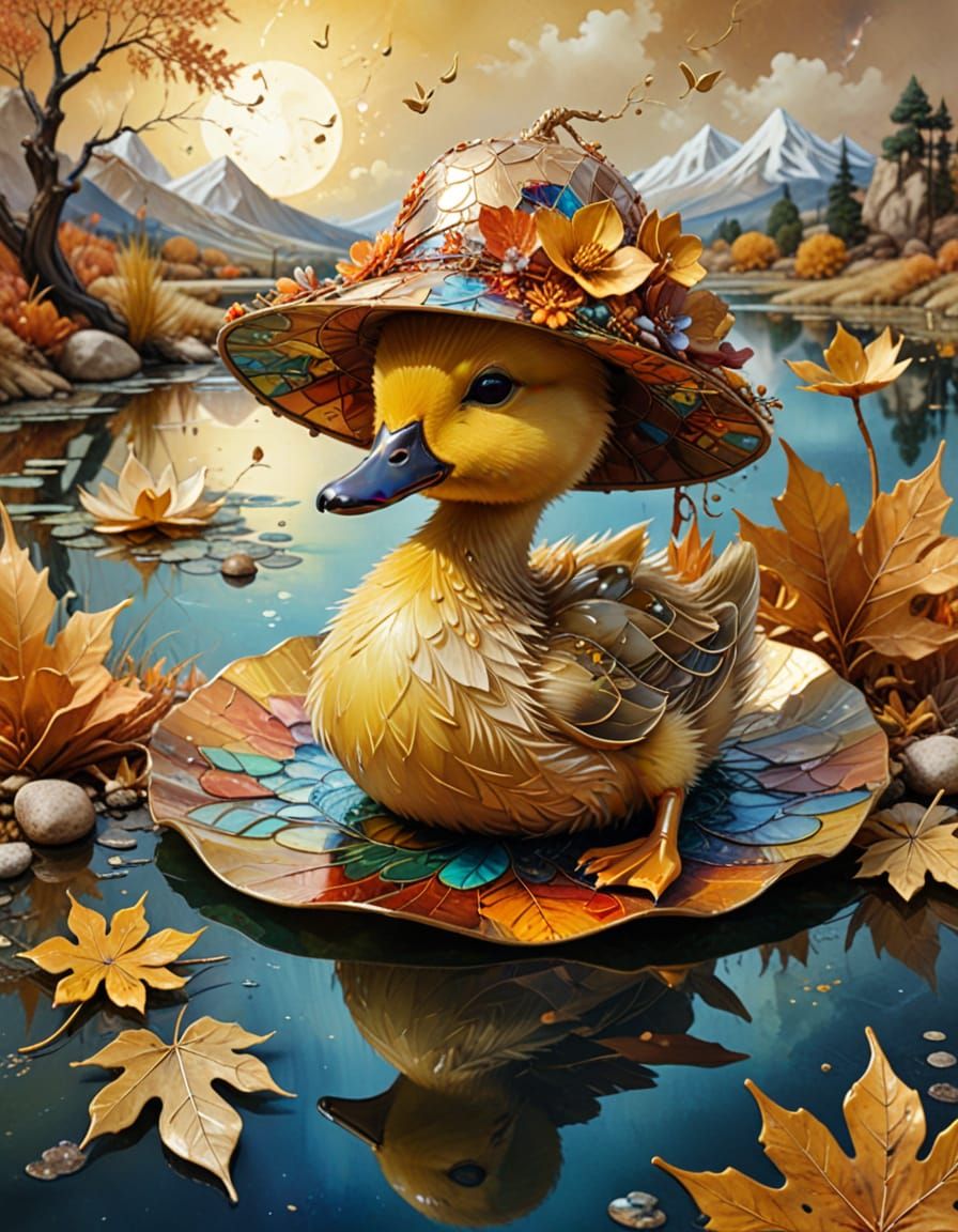 Duckling in Autumn Leaf Hat Surreal Landscape