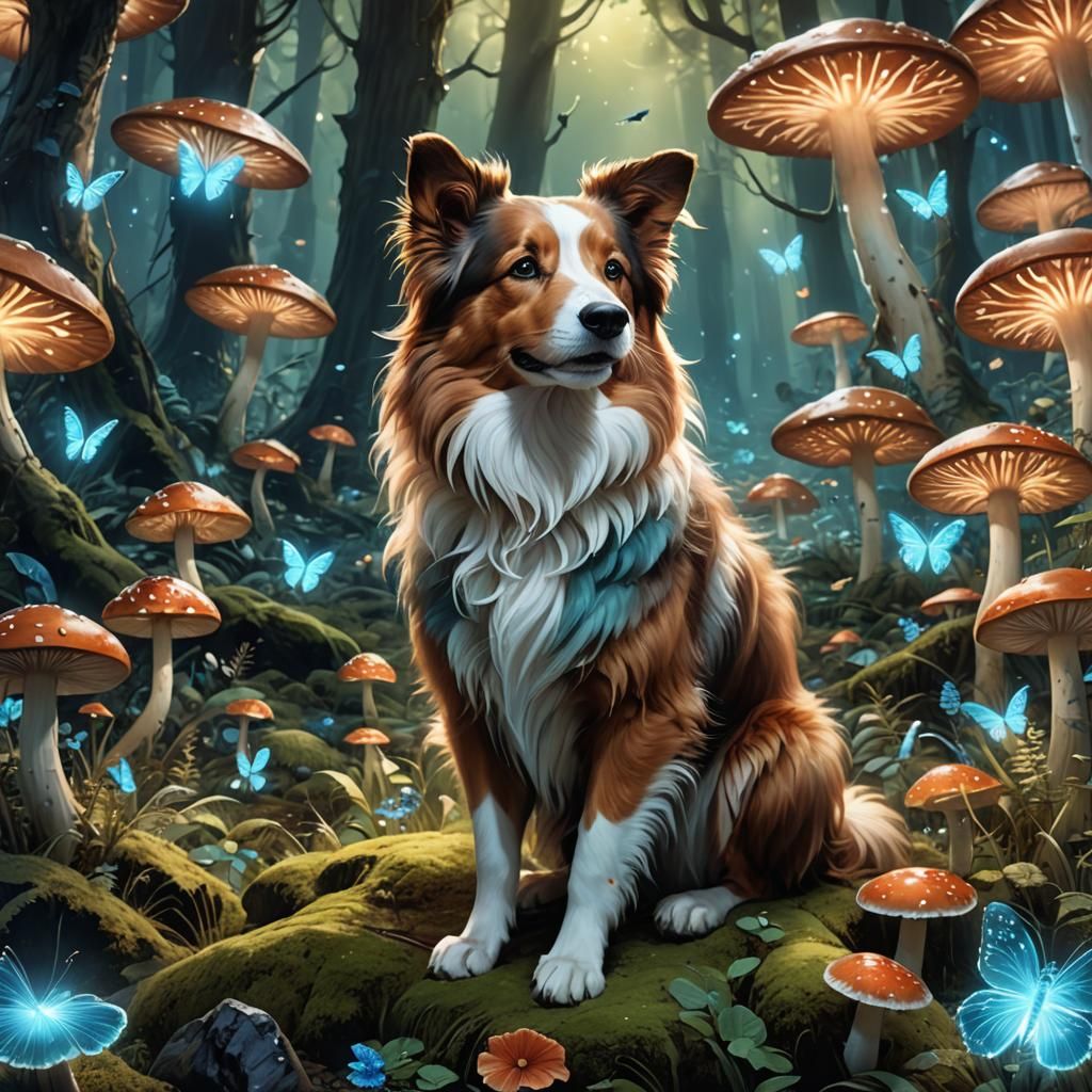 Fluffy Collie-like Dog in Bioluminescent Forest