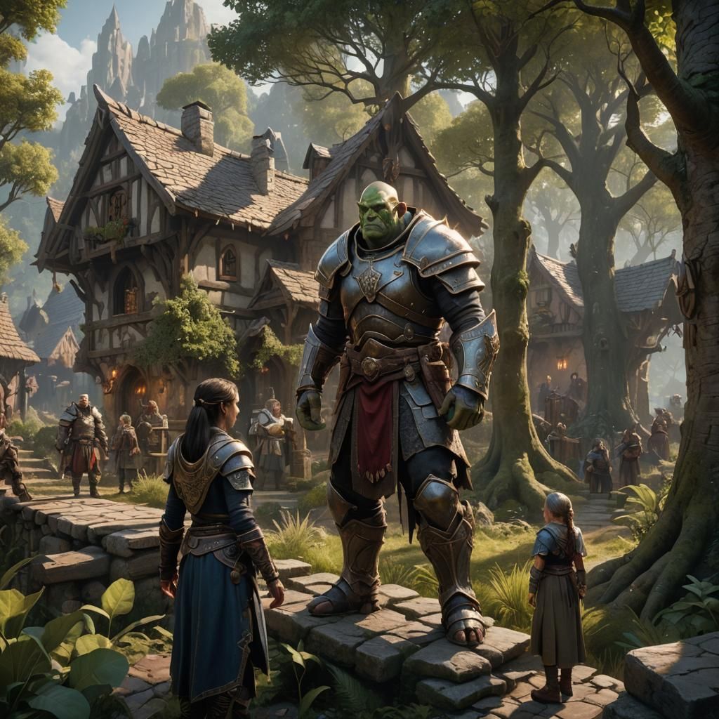 Orc Paladin and Half-Elf Cleric in Village