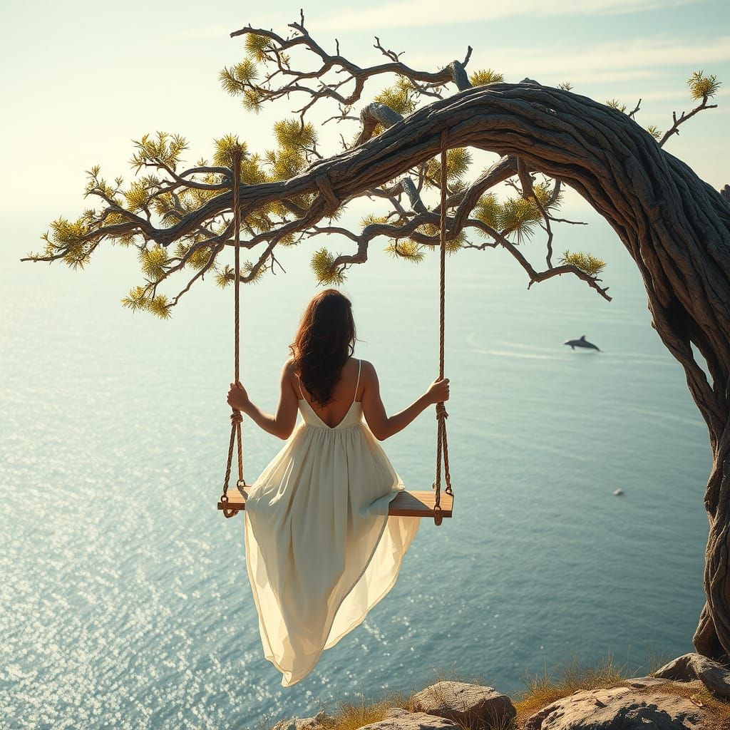 Serene Cliffside Scene with Wooden Swing and Dolphins