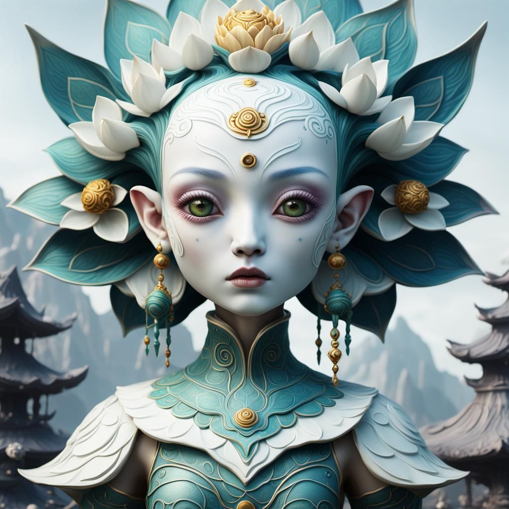 White Lotus Porcelain Extraterrestrial Doll in Detailed Matt...