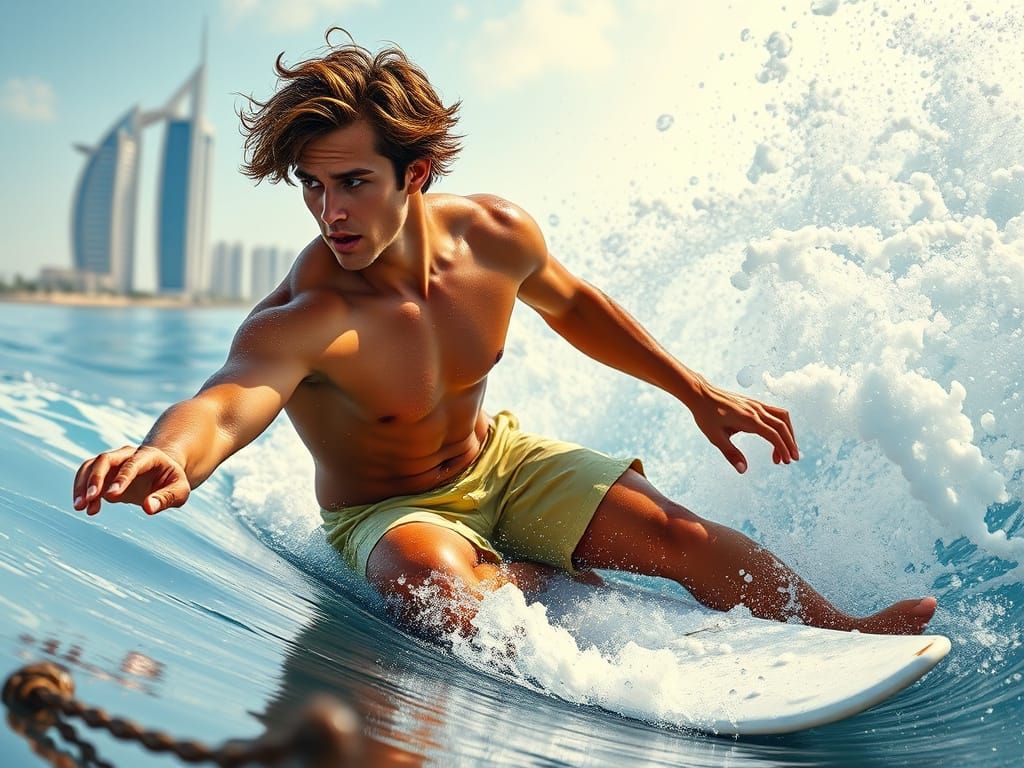 Surfer Rides Mirrored Wave in Dubai, Photorealistic Style
