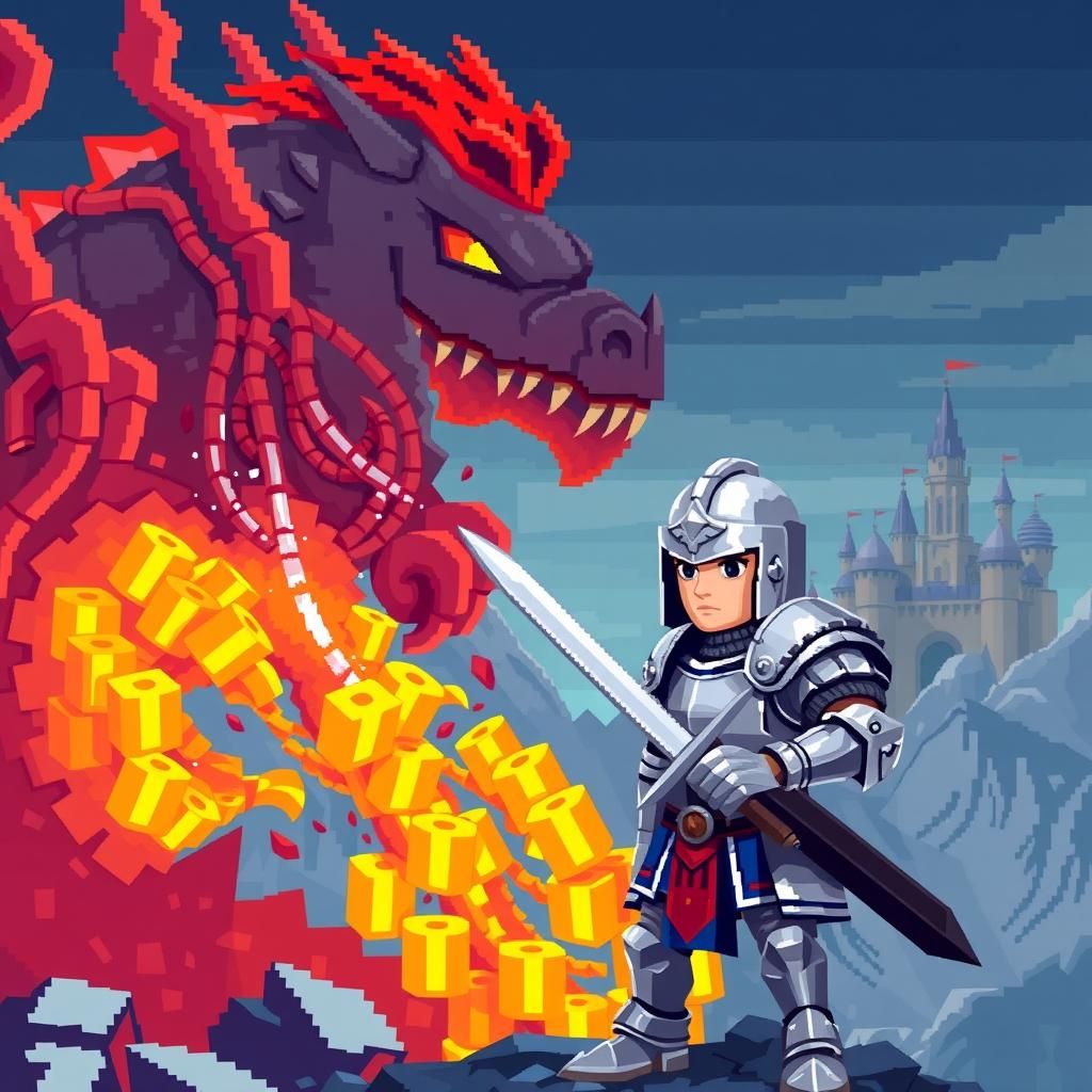 Pixel Knight vs Dragon in Retro 8-Bit Style