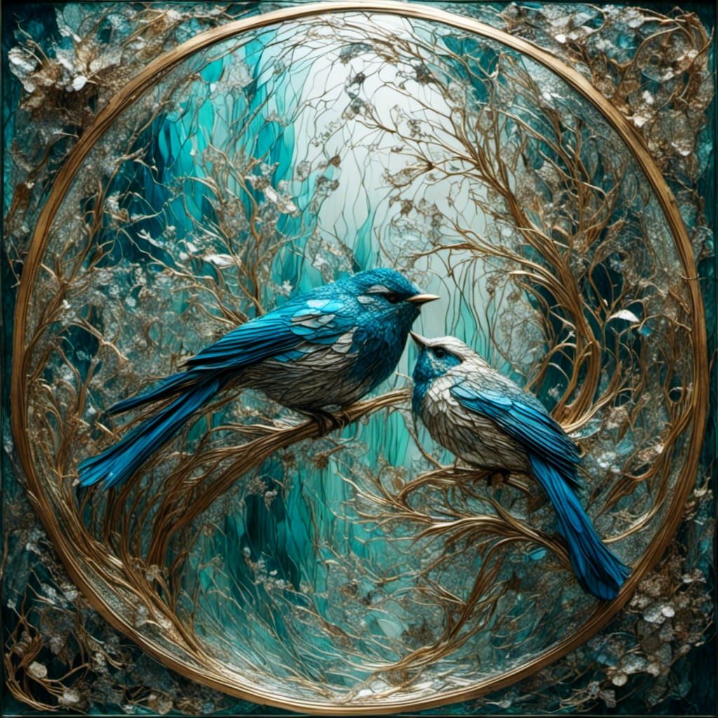 Birds and Rivers Reflected, Romantic Watercolor Style