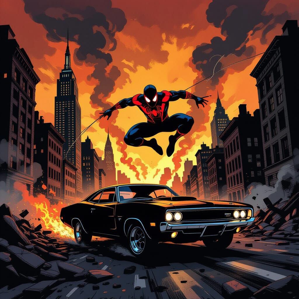 Spiderman Noir Leaps from Burning City