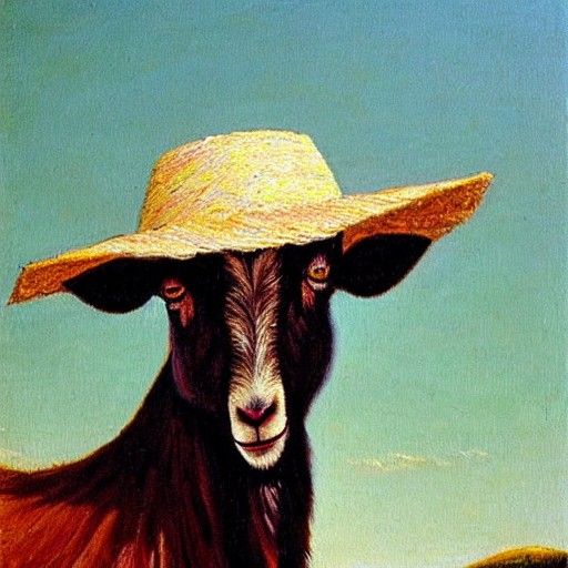 Goat in Straw Hat, Oil Painting