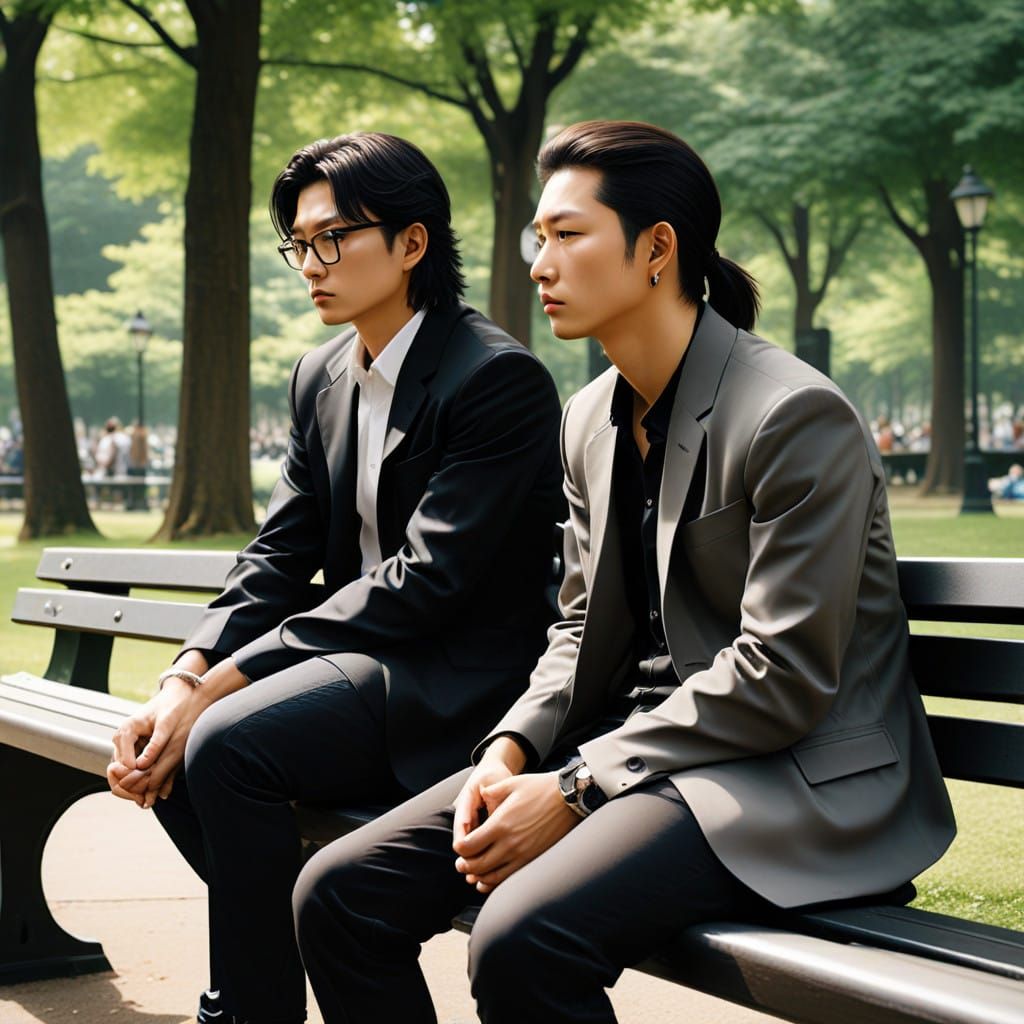 Two friends sharing comfortable silence on a park bench, the...