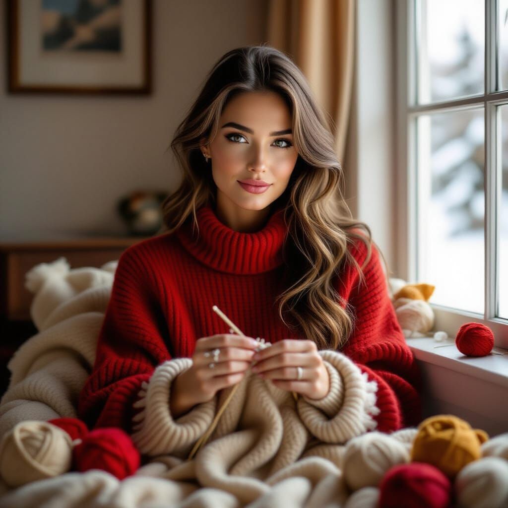 Woman Knitting a Sweater in Soft Natural Light