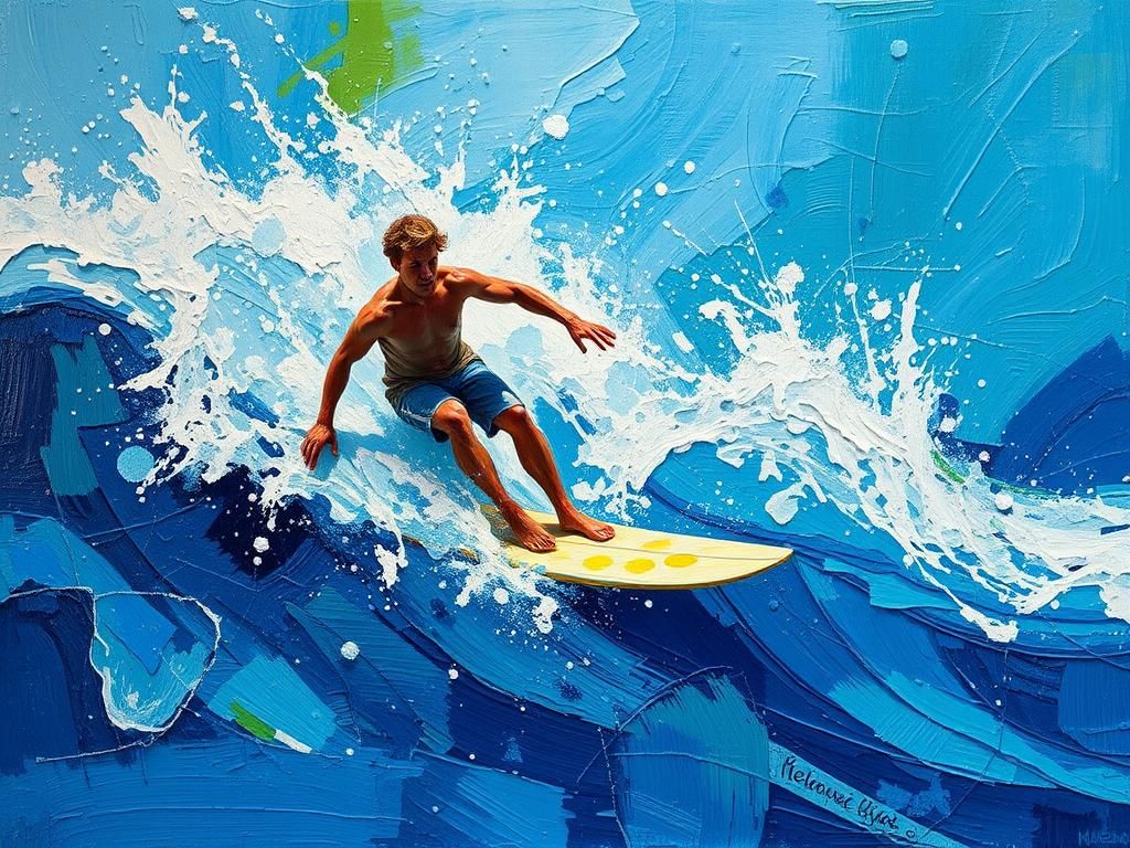 Breathtaking tactile texture impasto painting with rough, smooth, bumpy and scratchy surface of an abstract surfer ridin...