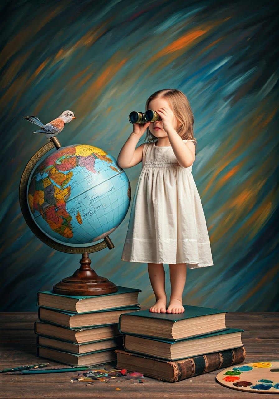 Whimsical Girl Discovers the World through Art and Adventure