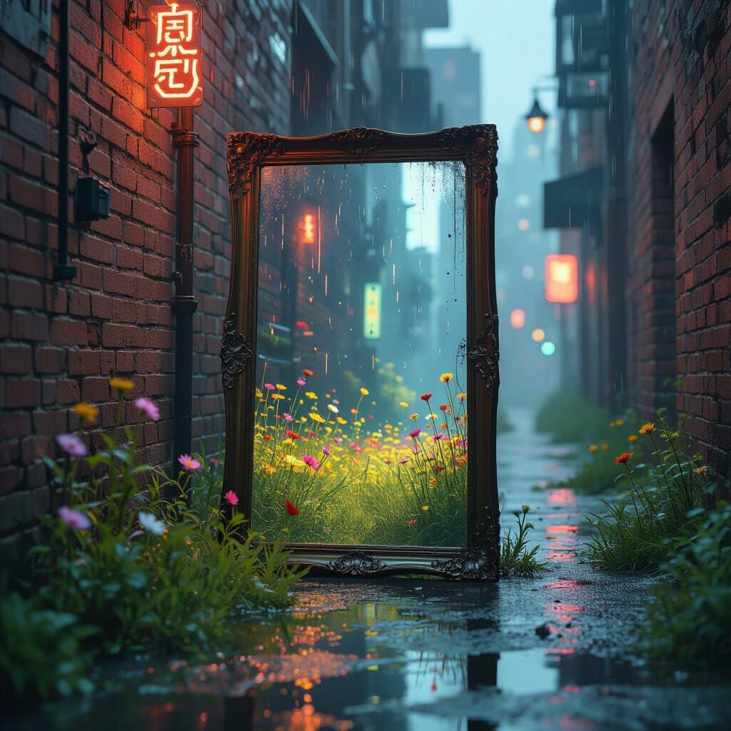 Cyberpunk Alley: Mirror to a Sunlit Meadow